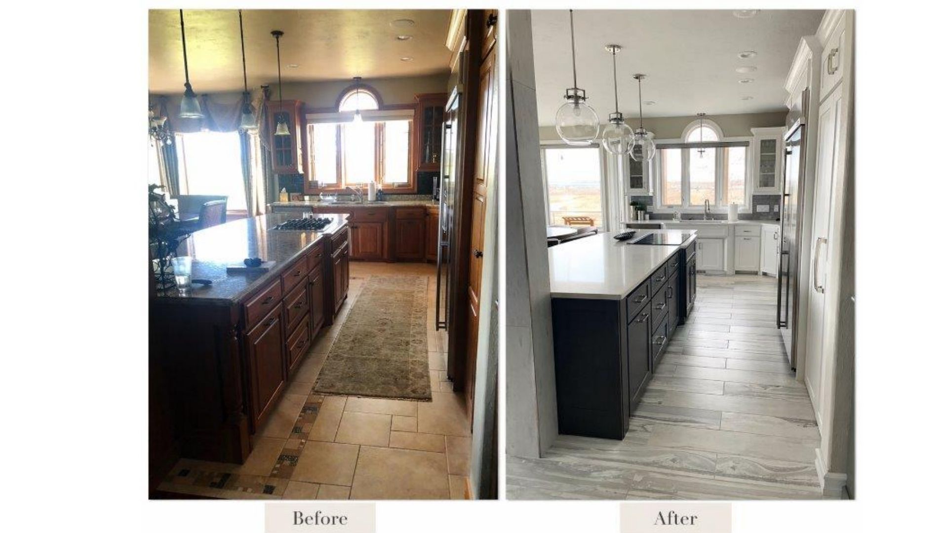 Before-and-after kitchen renovation showing a darker old kitchen beside a bright modern one.