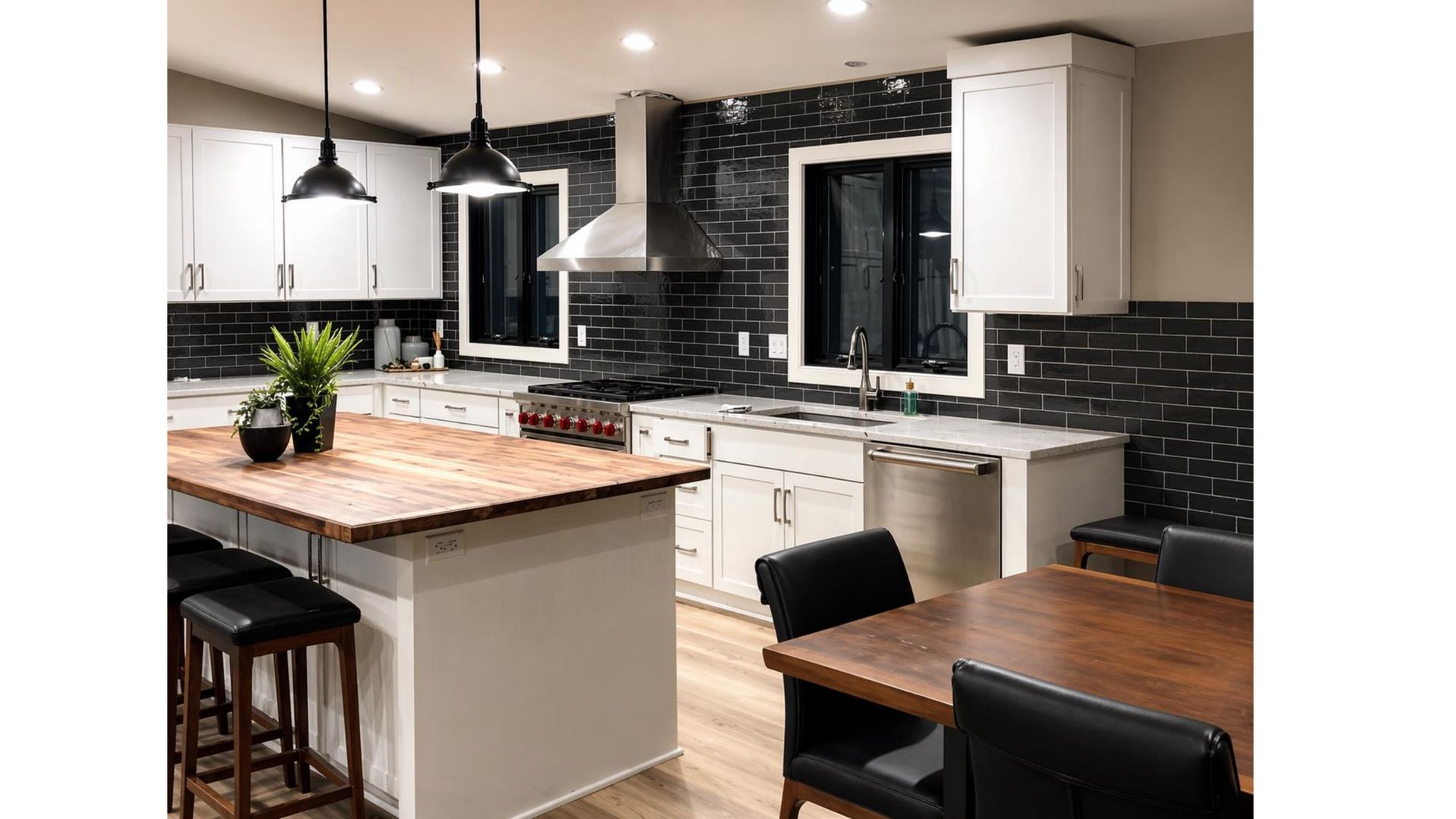Modern kitchen and dining area with white cabinets, black tile backsplash, wood island, and pendant lights