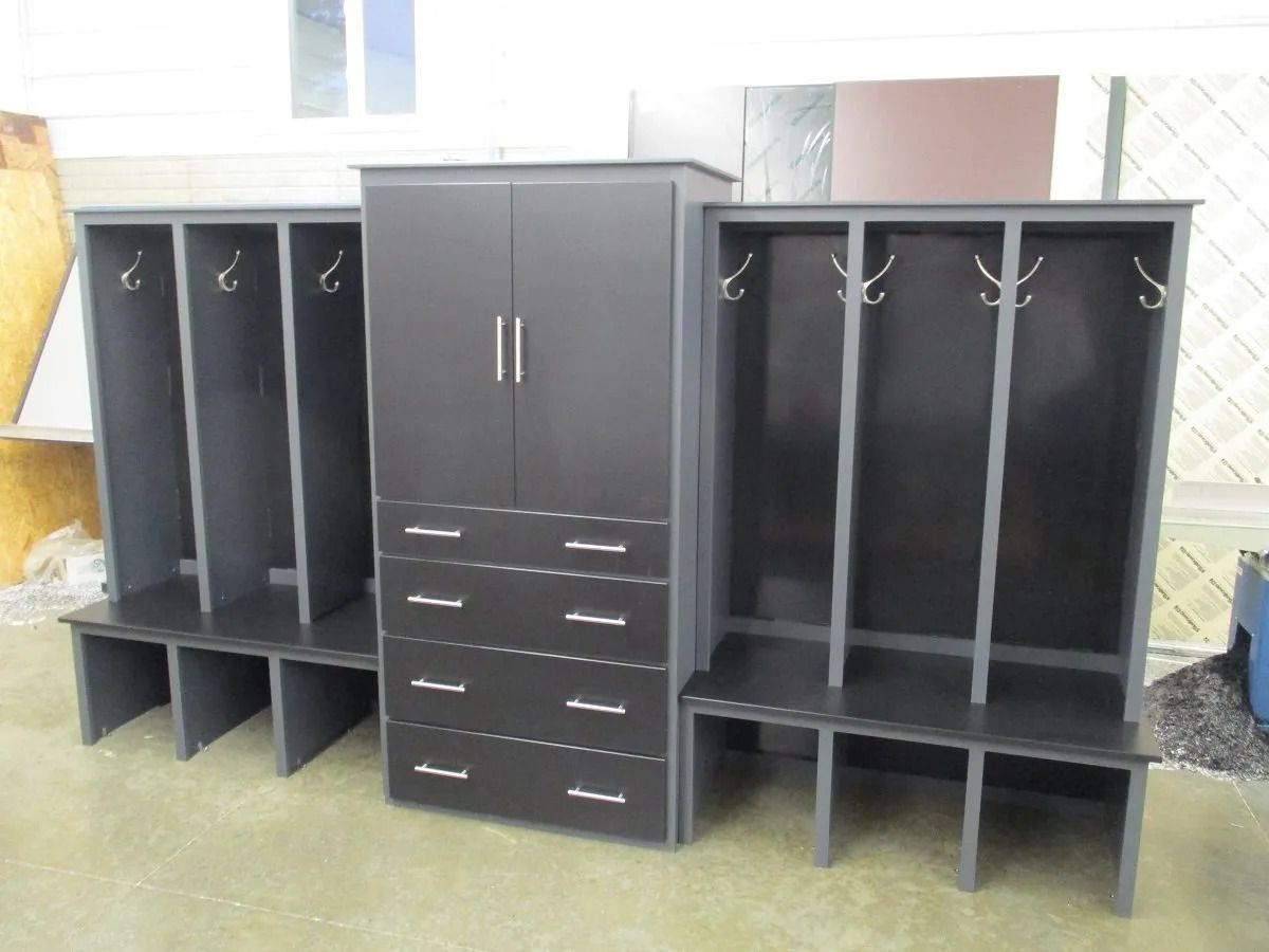 Dark gray storage unit: wardrobe, drawers, and two bench-style locker units with coat hooks.