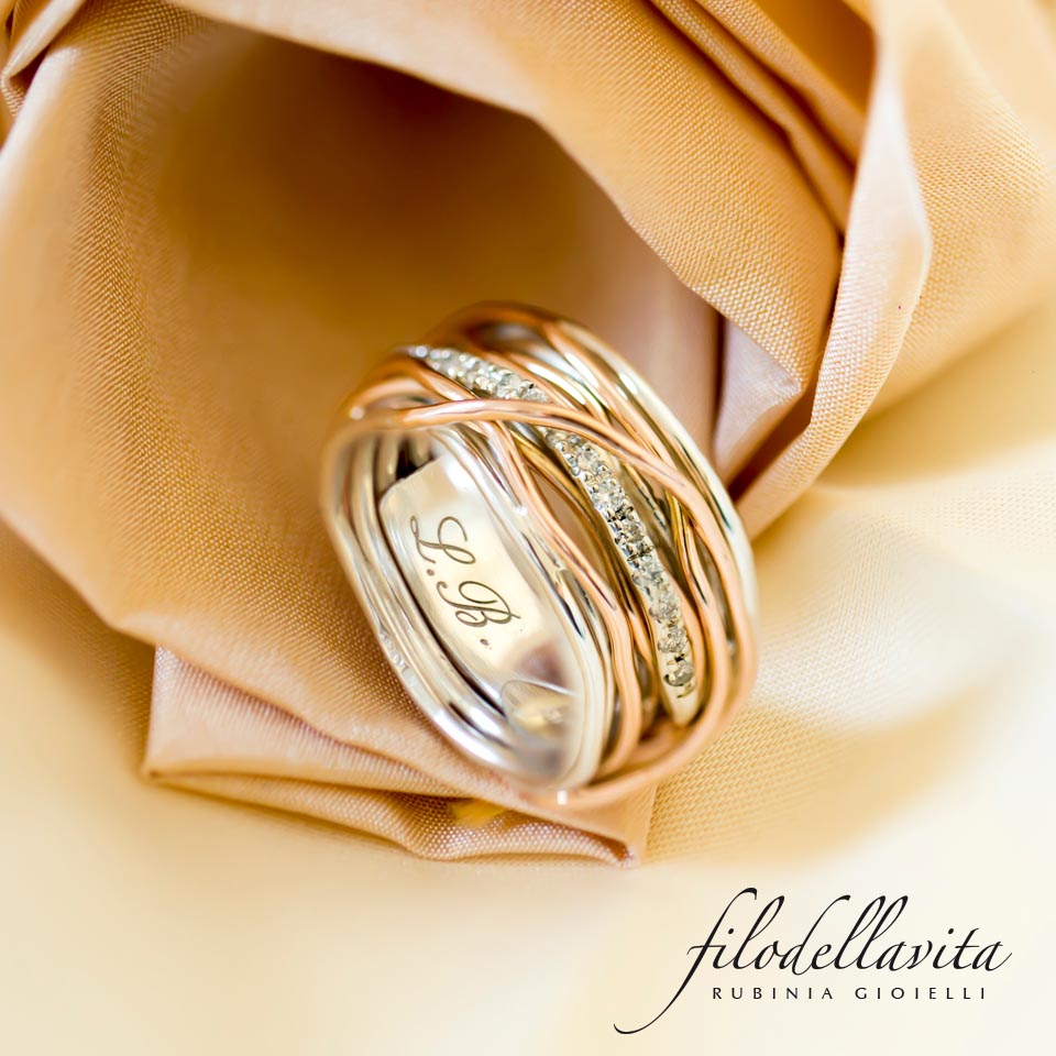 Anello Filo della Vita in argento, oro e diamanti.