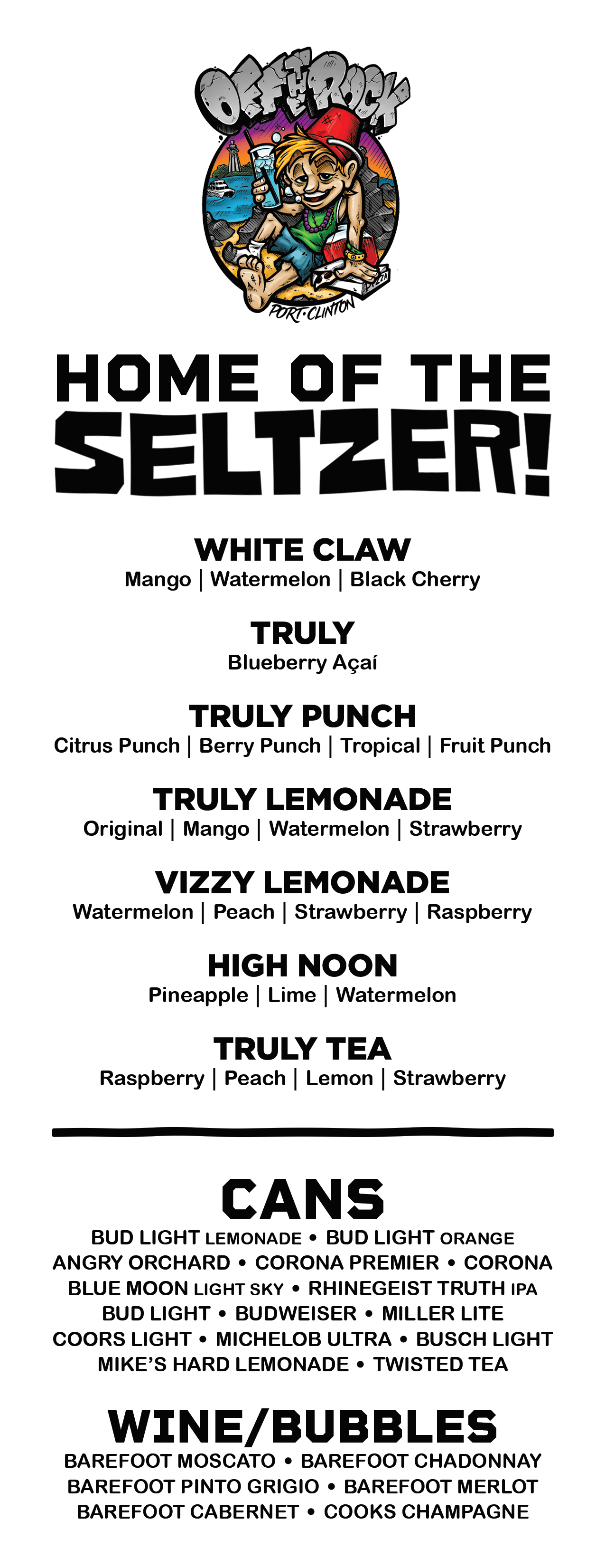 Drink Menu at Off The Rock Port Clinton, Ohio
