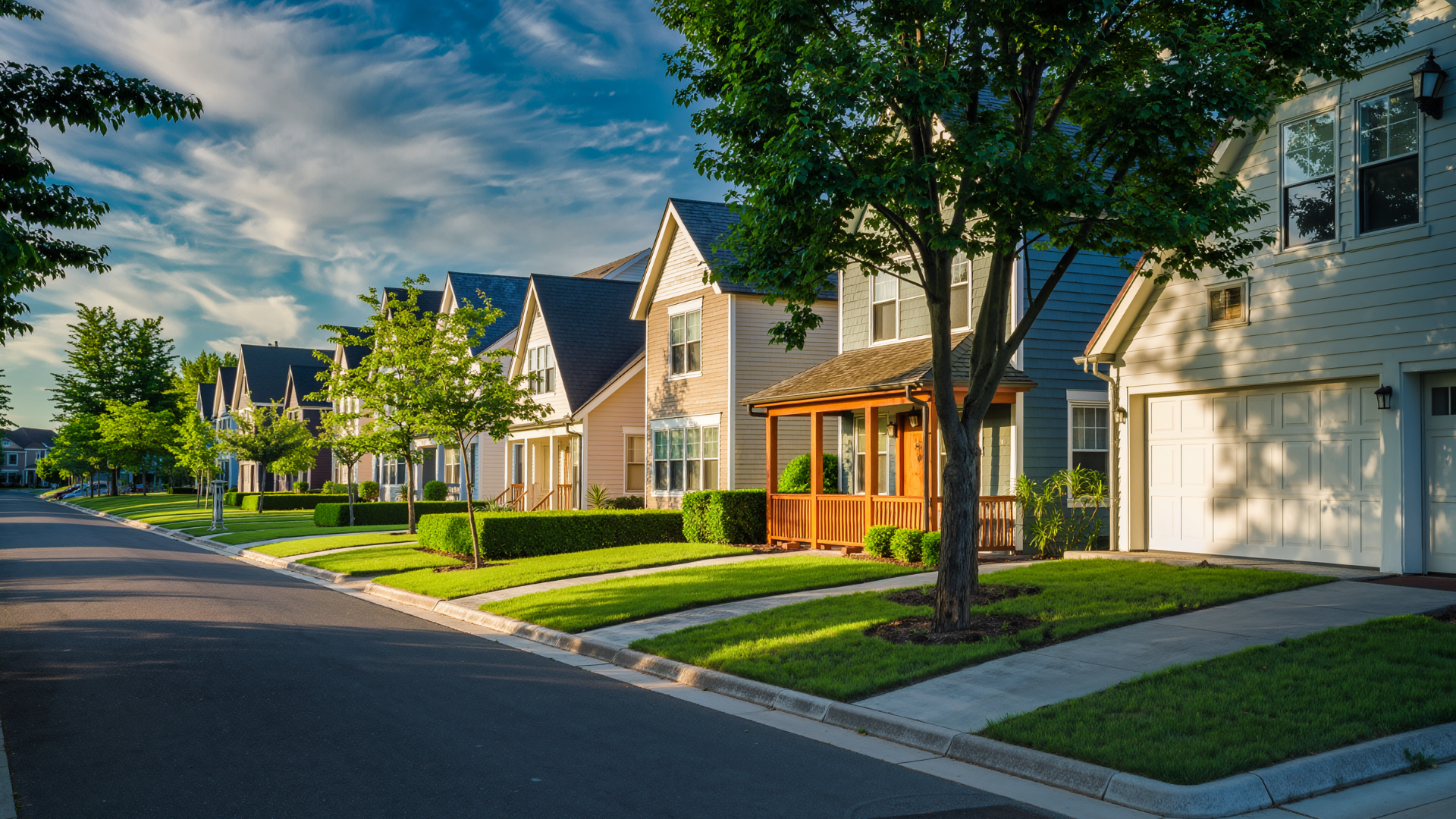 Tree-lined suburban street with modern houses, green lawns, and a clear blue sky