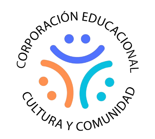 Corporación Educacional logo with three smiling figures in blue, orange, and teal, text: Cultura y Comunidad.