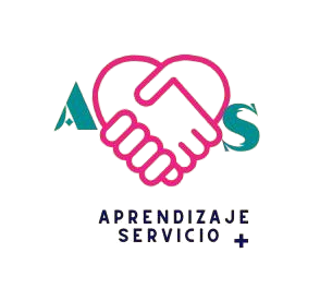 Logotipo: Corazón rosa con apretón de manos, "A", "S" verde azulado y texto "Aprendizaje Servicio +".