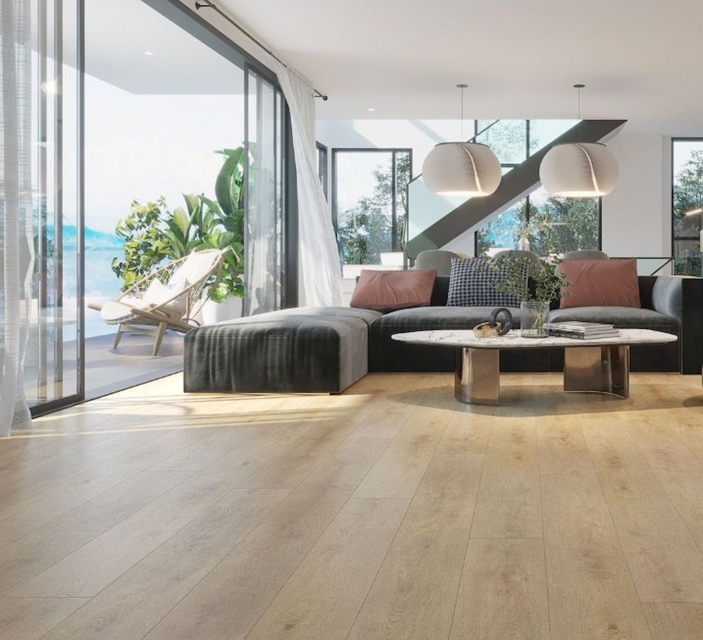 A Modern Living Room With Light Wood Floors, and Large Sliding Doors — AGM Flooring & Tiling in Hidden Valley, QLD