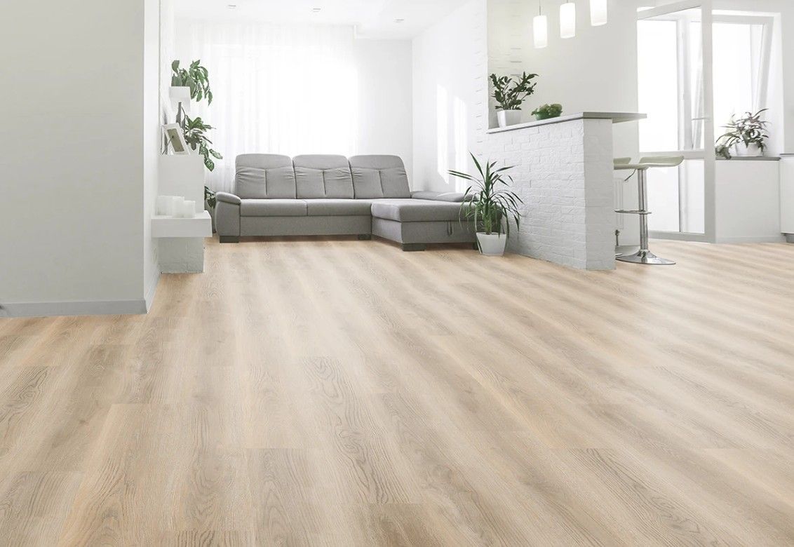 Light-coloured Wood-look Flooring in a Modern Living Room With a Grey Sofa — AGM Flooring & Tiling in Hidden Valley, QLD