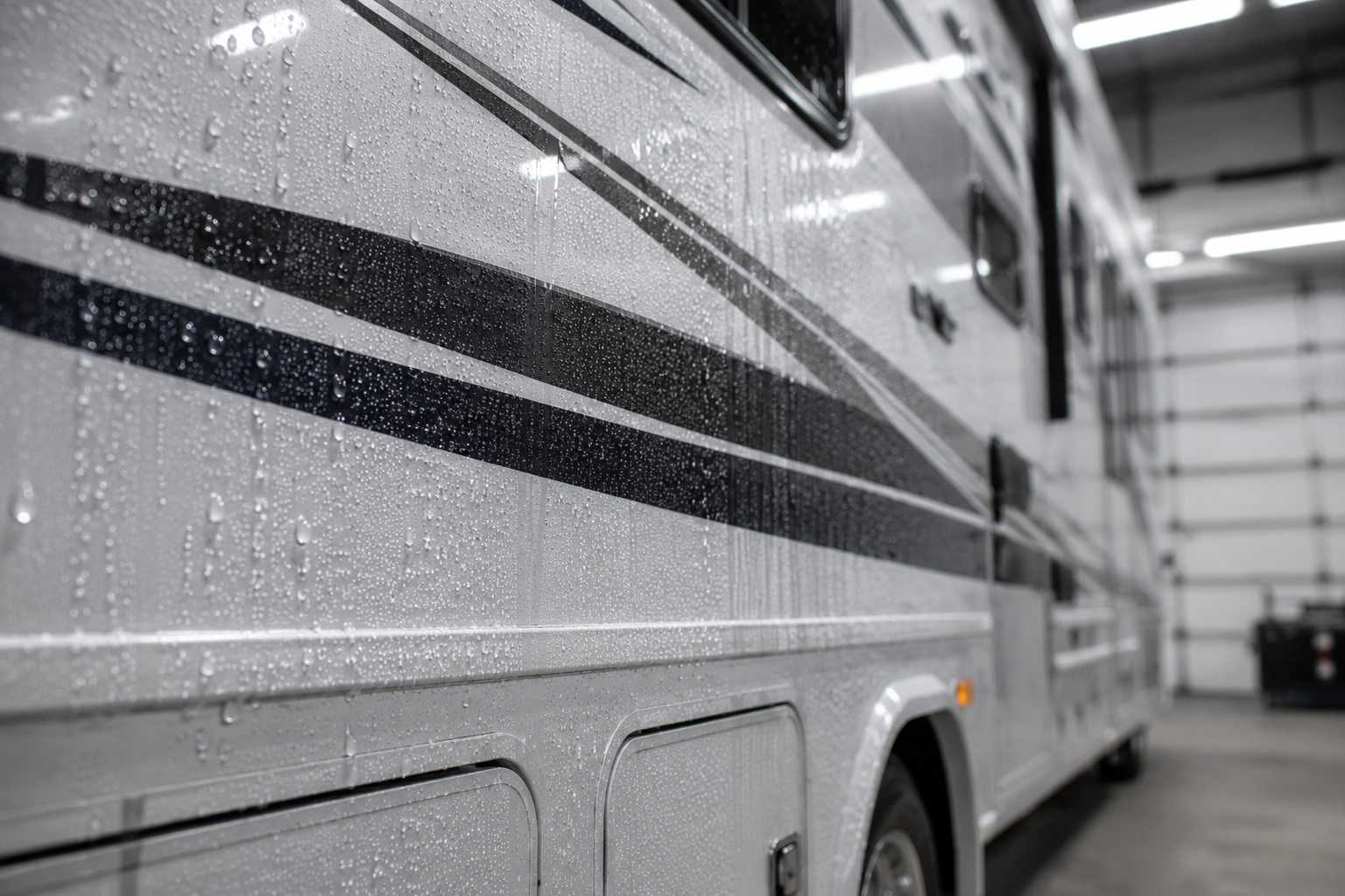 Close-up of a white RV with dark stripes parked indoors, covered in water droplets.