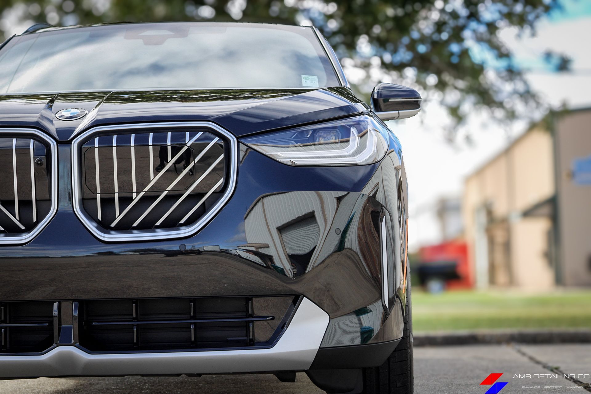 BMW X3 hood and grille with deep reflections after ceramic coating
