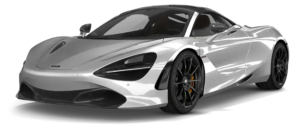 Silver sports car on a white background, angled front view with low profile and black wheels
