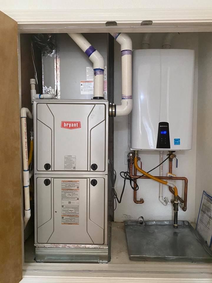 Compact furnace heating repair and HVAC system with integrated water heater setup

