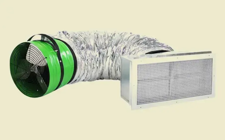 Portable duct fan with attached flexible ducting and a metal intake vent on a light background