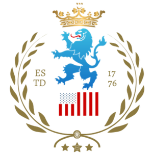 Coat of arms with a blue lion, American flag, laurel wreath, and crown. Established in 1776.