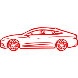 Red outline drawing of a sleek sports car in side view on a white background