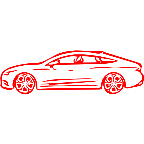 Red outline drawing of a sleek sports car in side view on a white background