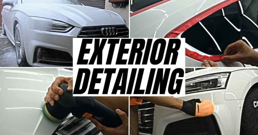 Collage of car exterior detailing with a polisher on a white vehicle and bold “EXTERIOR DETAILING” text