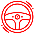 Red steering wheel icon in a circular outline, suggesting driving or vehicle control
