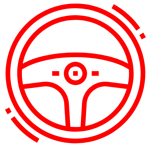 Red steering wheel icon with circular border in red line art