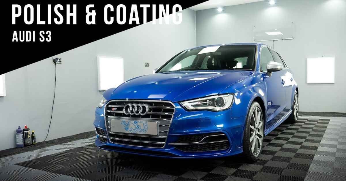 Blue Audi S3 in a detailing bay with “Polish & Coating” text on screen