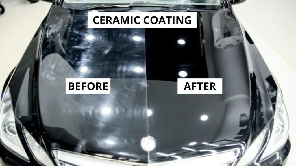 Car hood with ceramic coating comparison labeled before and after, showing improved shine and reflection.
