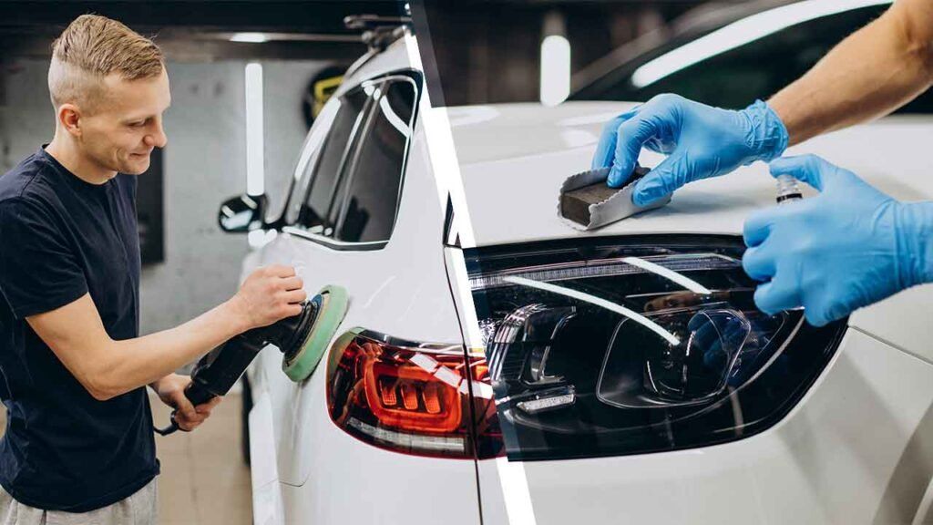 Two people detailing a white car, one polishing the rear panel and one cleaning the headlight area