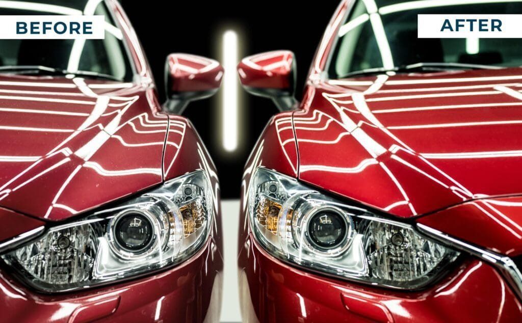 Car paint and headlight comparison labeled before and after, showing improved shine and clarity