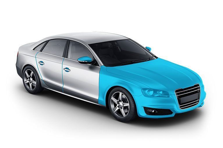 Silver sedan with bright blue front end on a white background
