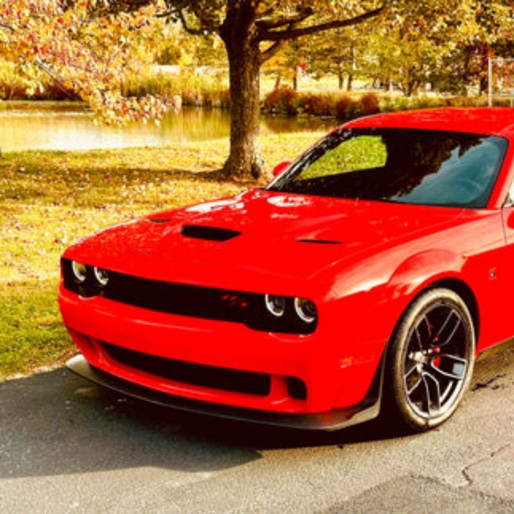 Red sports car parked beside a tree-lined road in autumn