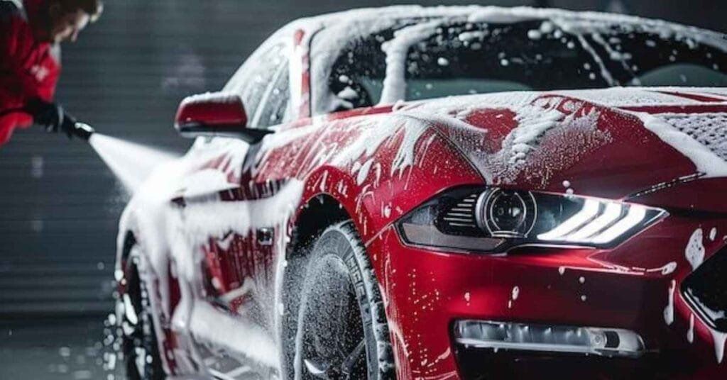 Red sports car being washed with a high-pressure hose, water spraying over the front end.