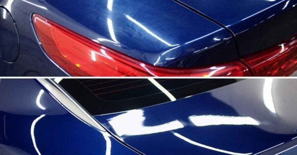 Close-up of a blue sports car body and red taillight reflections.