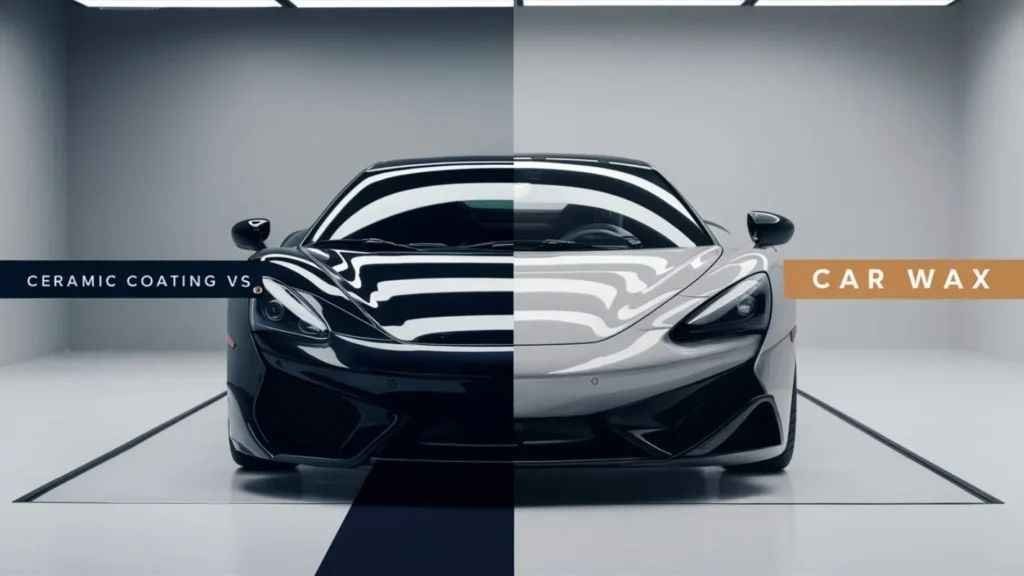 Glossy black sports car in a showroom with “CAR WAX” text overlay