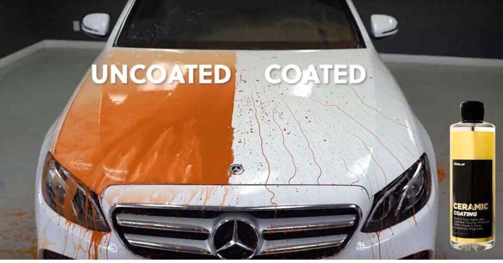 Car hood split between uncoated orange and coated white finish, with polish bottle at right