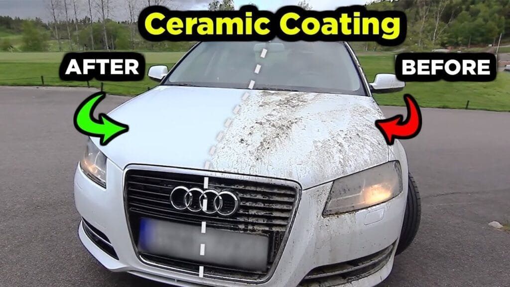 White Audi sedan labeled “Ceramic Coating,” showing dirty before and cleaned after sides with arrows