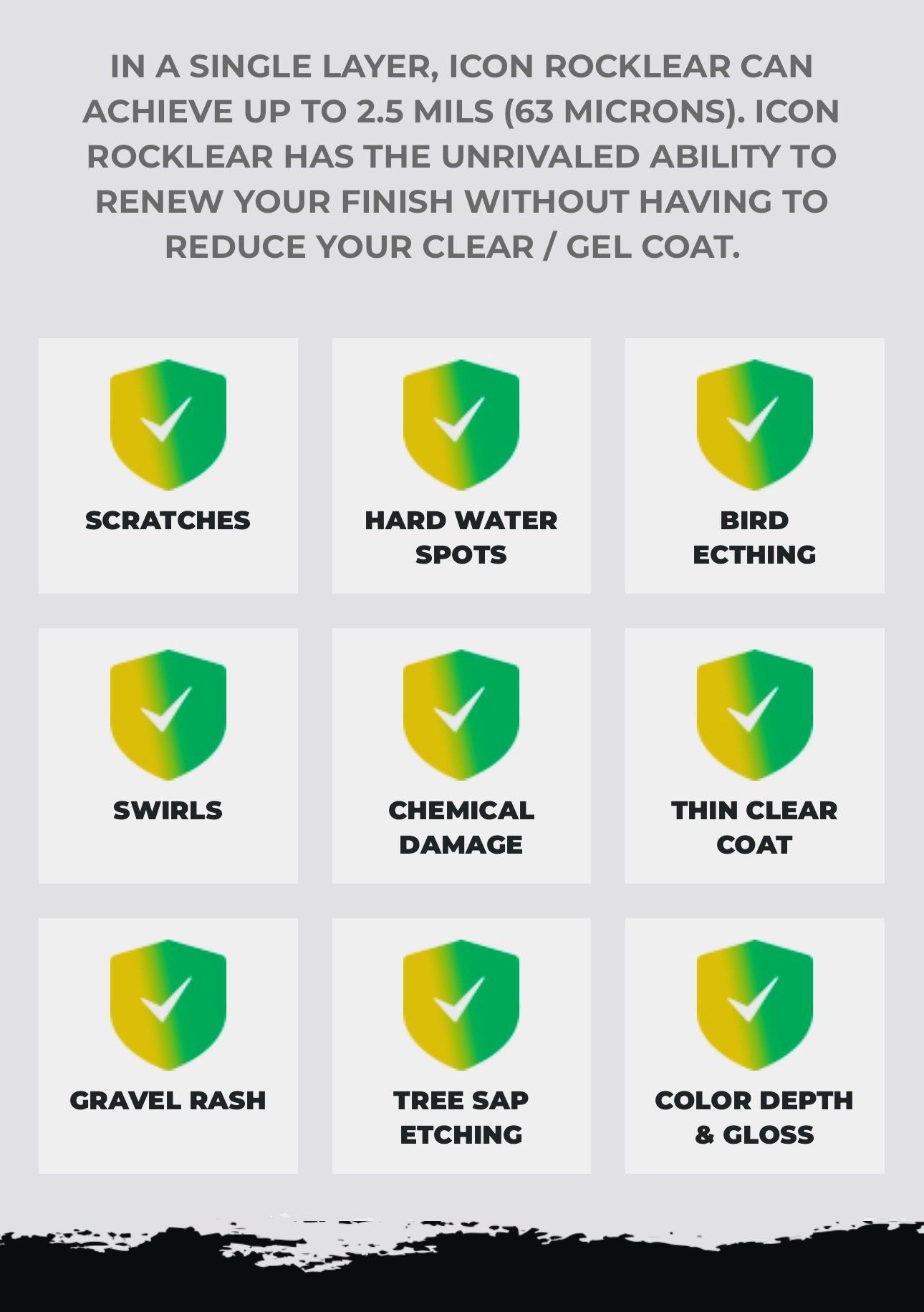 Chart showing 8 paint-protection issues with shield icons: scratches, water spots, bird etching, swirls, damage, thin coat, grime, and gloss loss