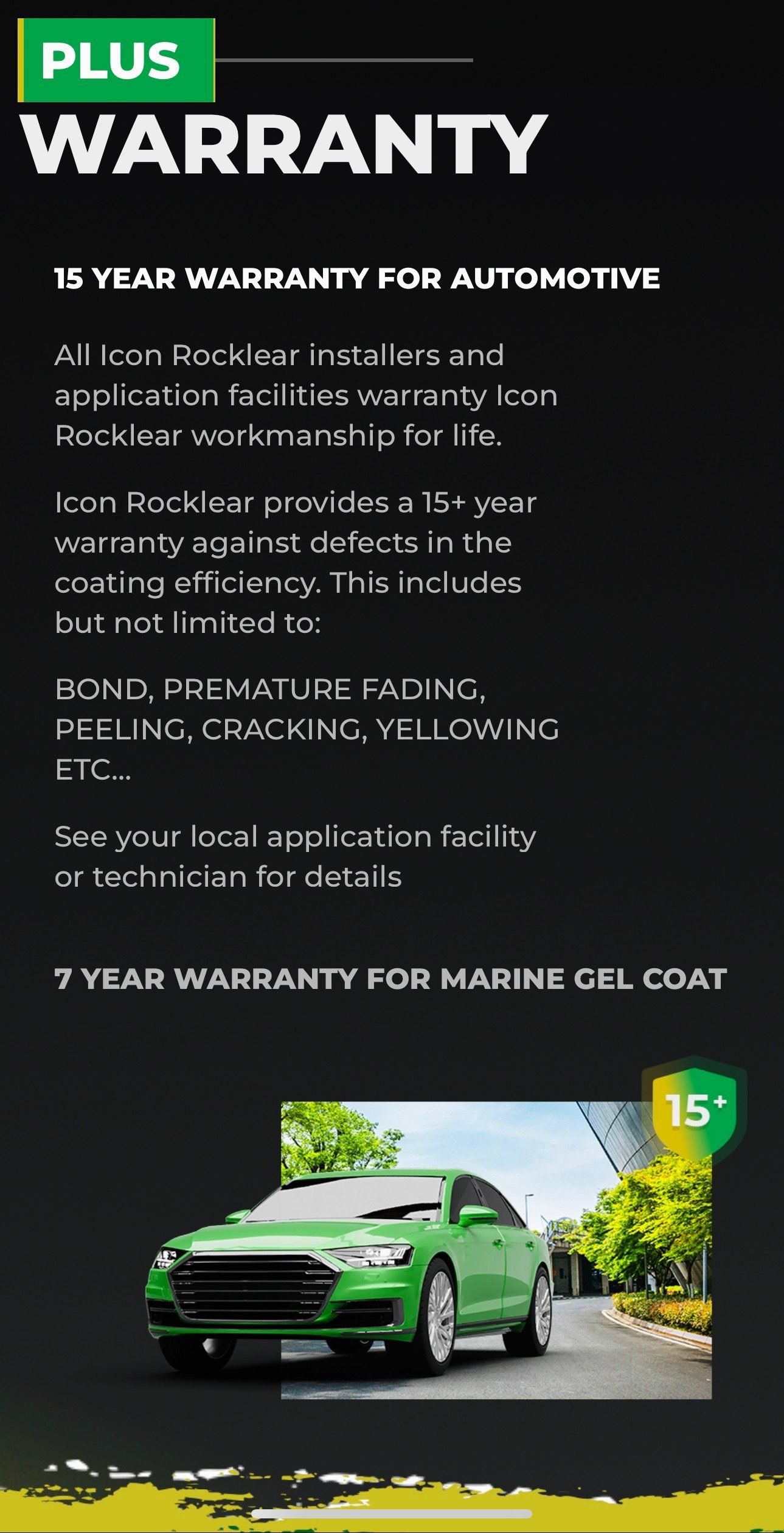 Green sports car with 15-year warranty promotion poster on a dark background
