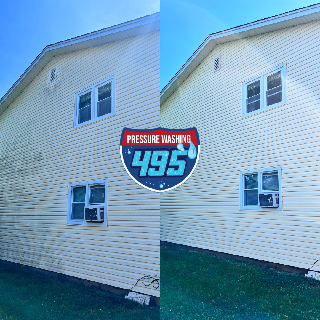 A collage picture displaying the before and after effects of a house wash service, showcasing the transformation from a dirty to a clean exterior.