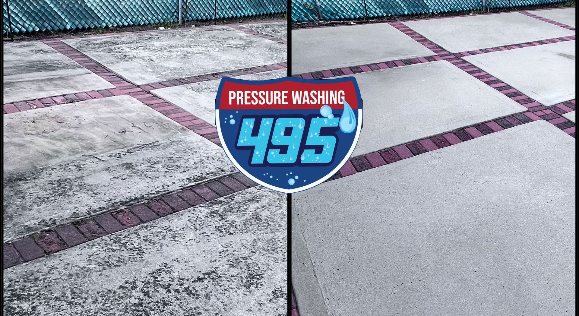 Before and after pressure washing comparison on a concrete patio with brick accents. The left side is dirty, the right side is clean.