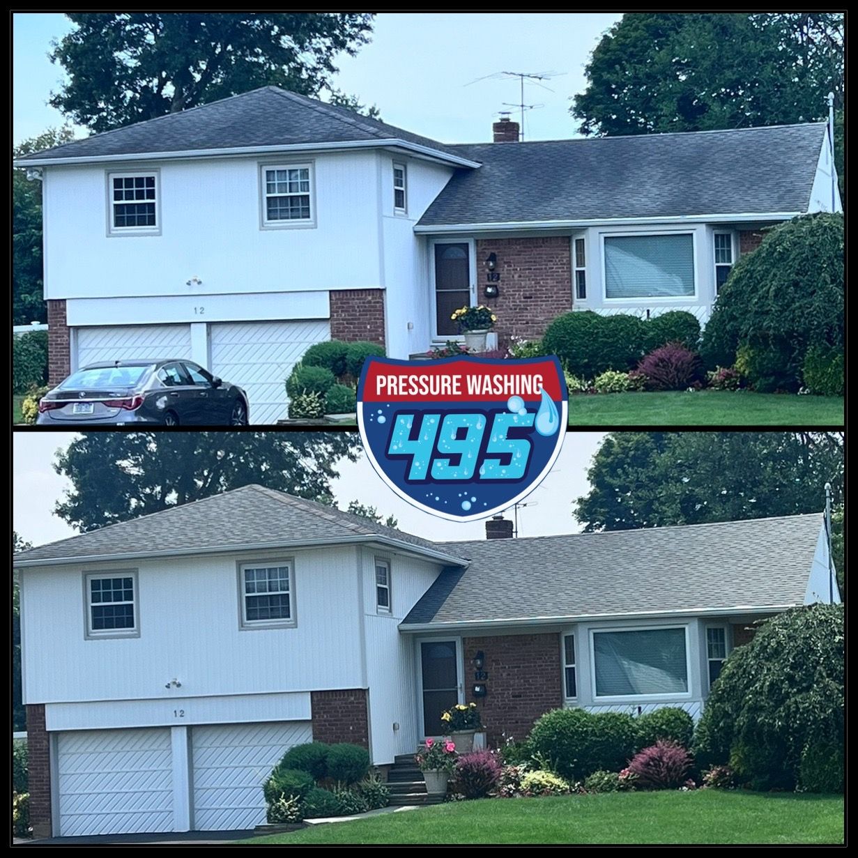 Before and after comparison of a two-story house, showing the difference after pressure washing, removing algae and dirt.
