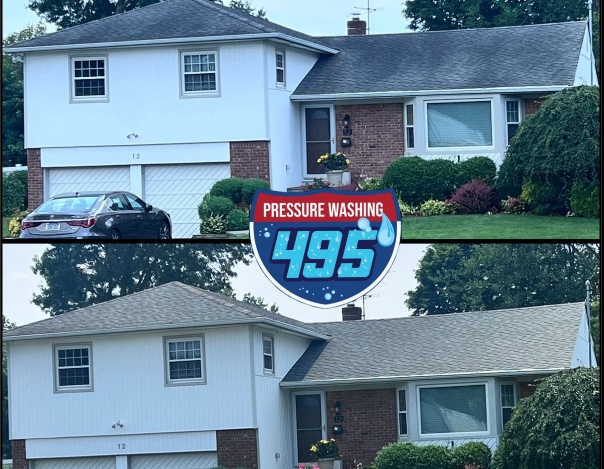 Side-by-side comparison of a house before and after pressure washing. The top half shows the house dirty; the bottom, clean.