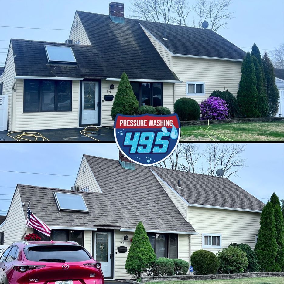 Before and after view of a house; the roof and siding are cleaned, removing dark mold and dirt. A red car and American flag are visible in the