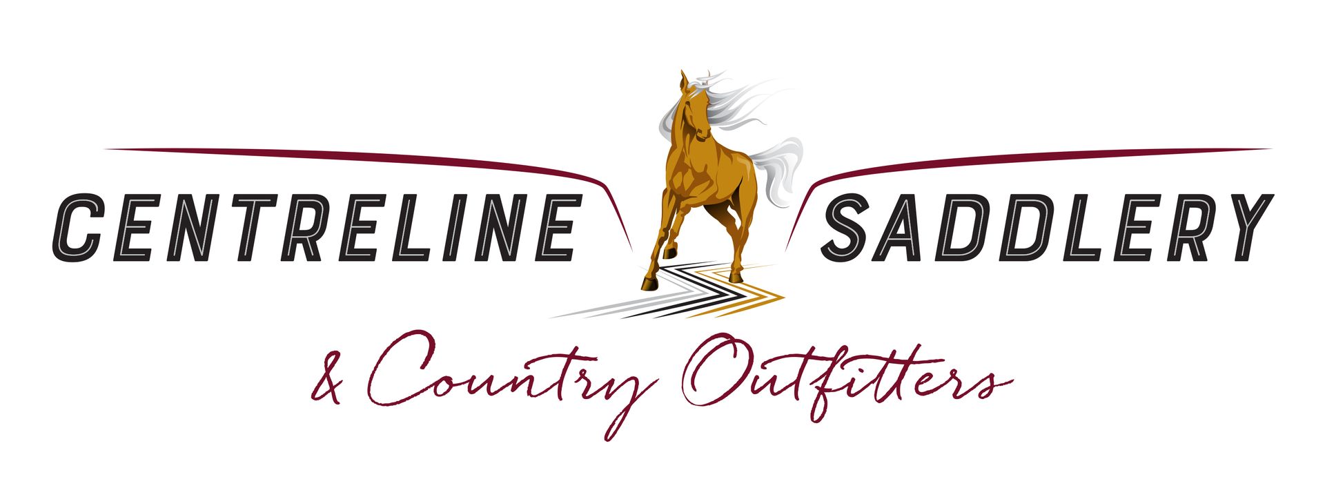 Logo for Centreline Saddlery & Country Outfitters featuring a brown horse between the words and a burgundy line above.