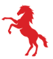Red silhouette of a rearing horse.