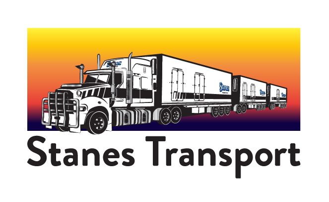 Stanest Transport logo featuring a large truck pulling multiple trailers against a sunset gradient backdrop.