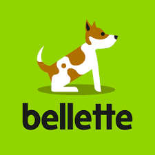 Dog logo for Bellette, featuring a brown and white spotted dog against a green background; text