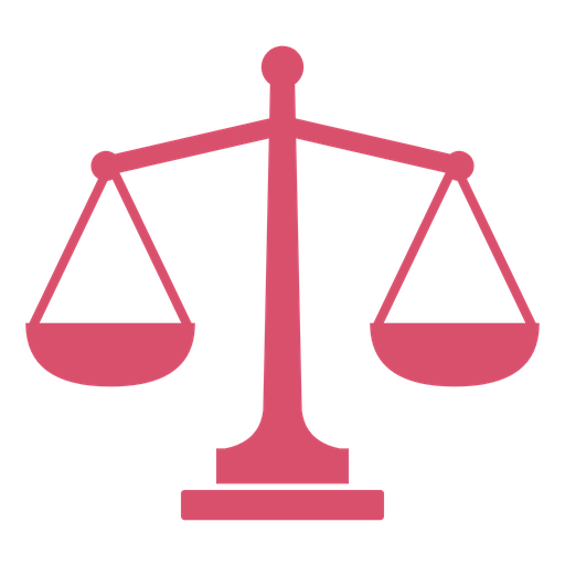 Pink justice scales icon on a pedestal, symbolizing balance and law.