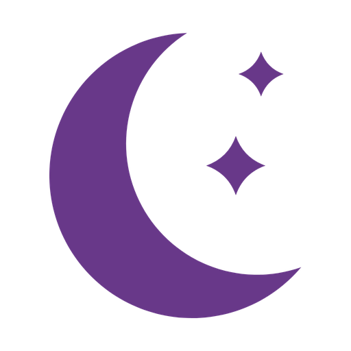 Purple crescent moon with two sparkles on a white background