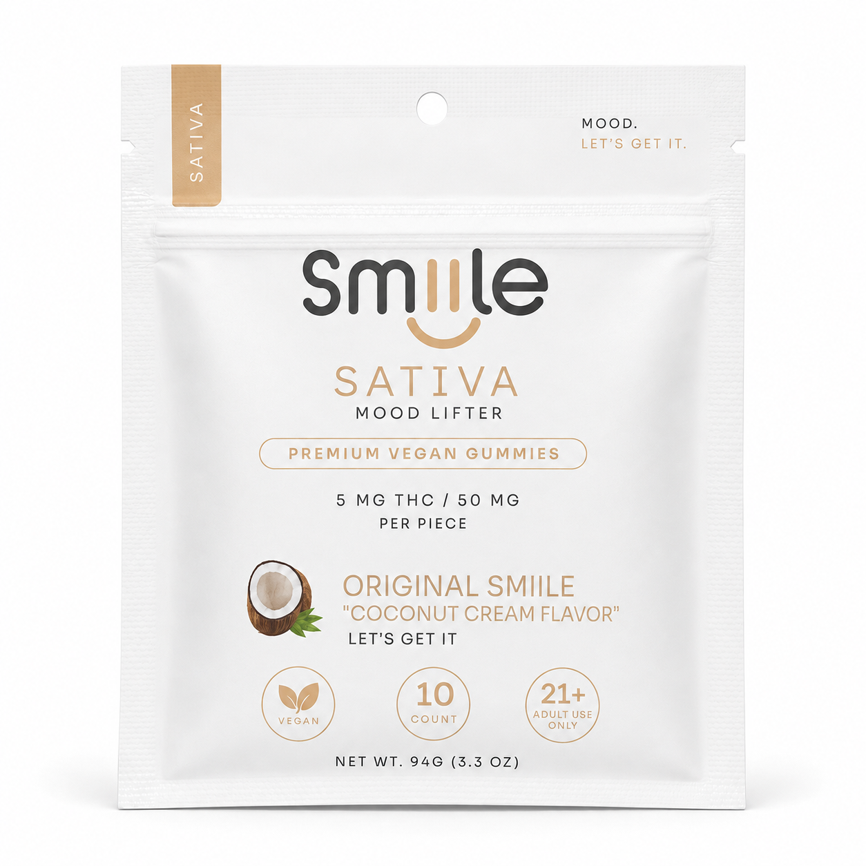 White Smile Sativa coconut-flavored gummy pouch with tan accents and green coconut graphic