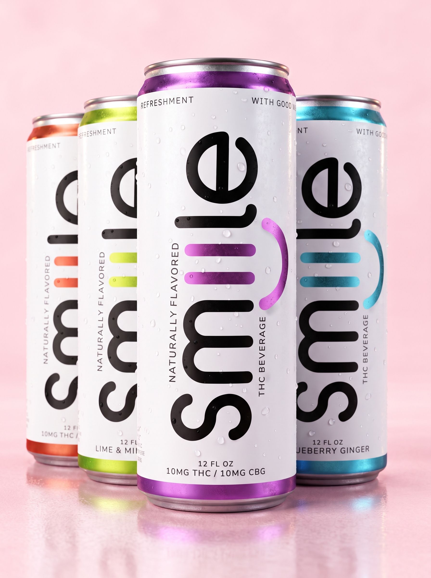 Assorted Smule-branded beverage cans in black, purple, yellow, orange, and blue on a dark background