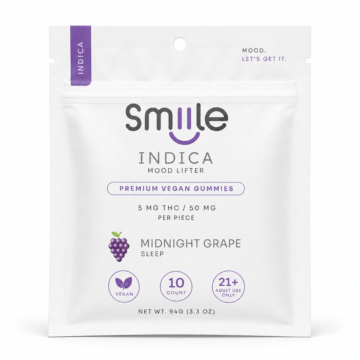 White Smile Indica pre-roll pouch with purple accents, labeled Midnight Grape, 10 joints, 21% THC