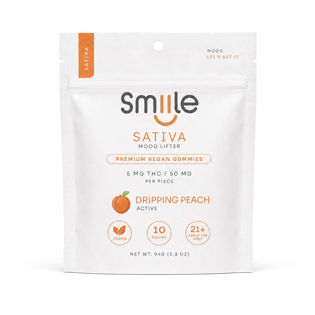 White Smile Sativa cannabis pouch labeled “Dripping Peach” with orange accents
