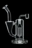 Transparent glass laboratory apparatus with tubes, a chamber, and a side arm on a black background